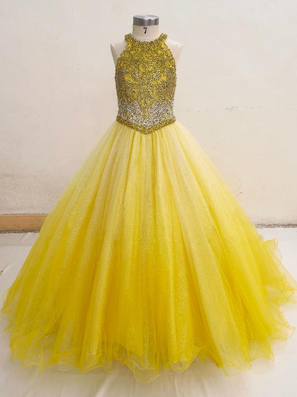 Halter Beaded Bodice Little Girl Long Yellow Pagant Dress - ToddlerPageantDress