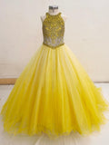 Halter Beaded Bodice Little Girl Long Yellow Pagant Dress - ToddlerPageantDress