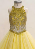 Halter Beaded Bodice Little Girl Long Yellow Pagant Dress - ToddlerPageantDress