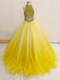 Halter Beaded Bodice Little Girl Long Yellow Pagant Dress - ToddlerPageantDress