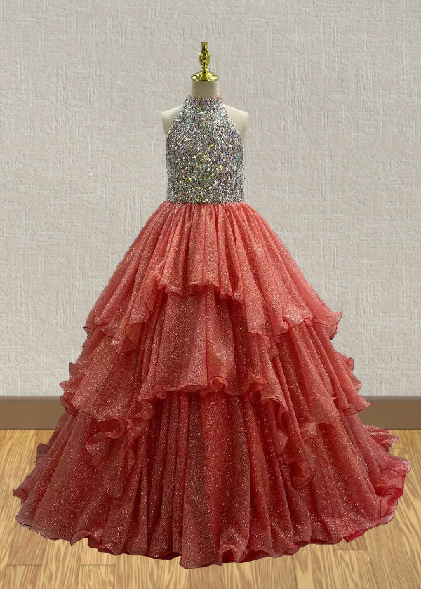Youth Stunning Halter Pageant Dress with Sparkly Beaded Bodice