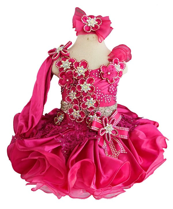 Full Hand made Baby Girl Hot Pink Cupcake Pageant Dress with Headbands