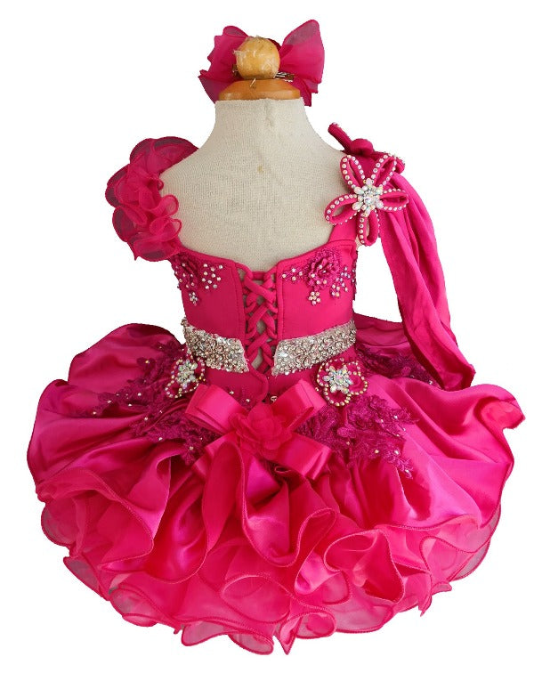 Full Hand made Baby Girl Hot Pink Cupcake Pageant Dress with Headbands