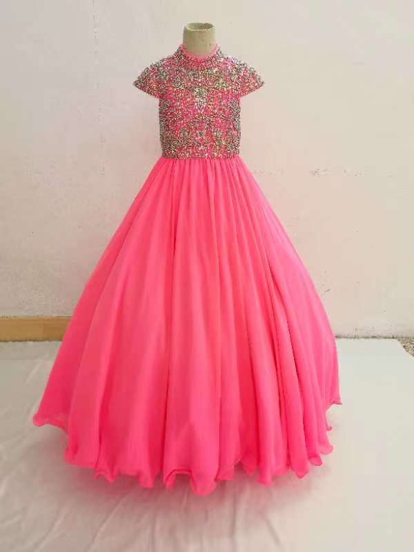 Cap Sleeve Heavy Beaded Bodice Kids Pink Pageant Gown - ToddlerPageantDress