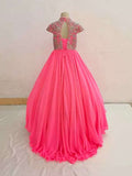 Cap Sleeve Heavy Beaded Bodice Kids Pink Pageant Gown - ToddlerPageantDress