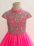 Cap Sleeve Heavy Beaded Bodice Kids Pink Pageant Gown - ToddlerPageantDress