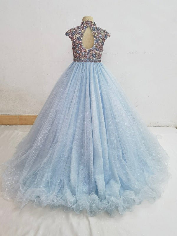 Cap Sleeve Teens Sky Blue Sparkly Pageant Gowns - ToddlerPageantDress