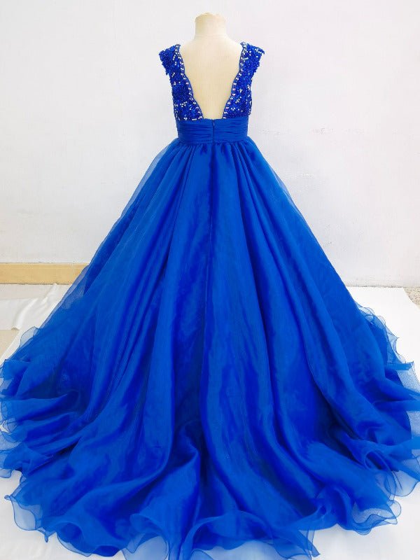 Cap Sleeve V Neck Little Girls Royal Blue Formal Attire - ToddlerPageantDress