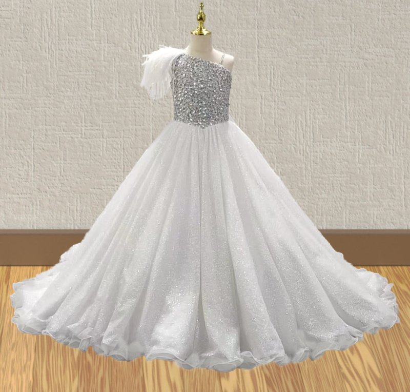 Glitz Beaded Bodice Flower GIrls White Prom Couture - ToddlerPageantDress