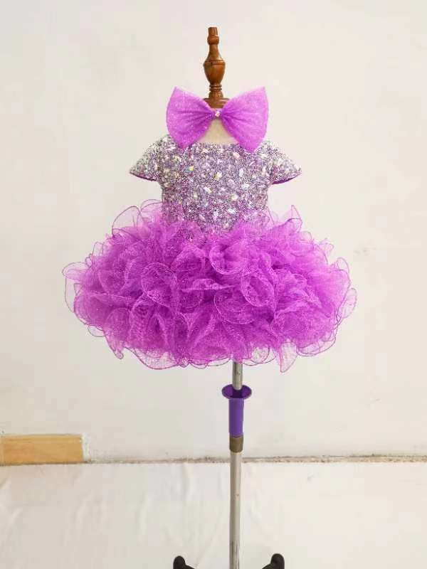 Glitzy Beaded Bodice Baby Girl Purple Cupcake Pageant Dress - ToddlerPageantDress