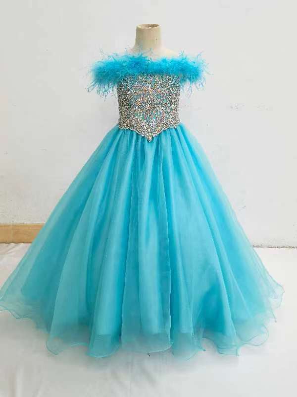 Glitzy Feather Green Ball Gown for Teenage Girl - ToddlerPageantDress