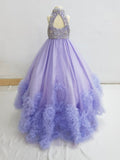 Halter Beaded Bodice Flower Girl Lilac Pageant Dress - ToddlerPageantDress