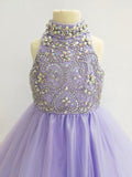 Halter Beaded Bodice Flower Girl Lilac Pageant Dress - ToddlerPageantDress