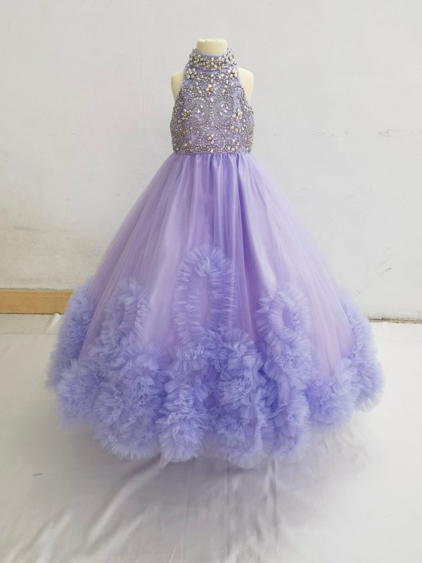 Halter Beaded Bodice Flower Girl Lilac Pageant Dress - ToddlerPageantDress