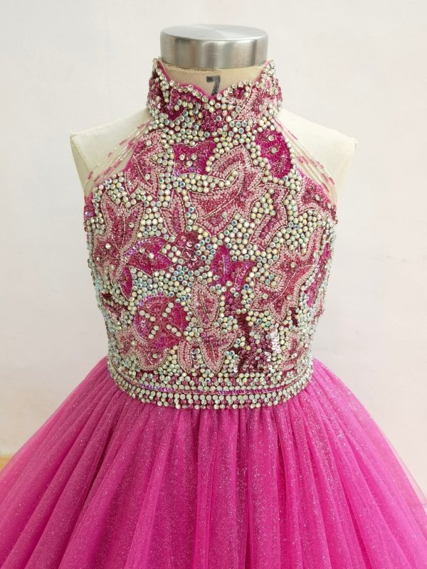 Halter Beaded Bodice Little Girl Glitzy Pageant Gown - ToddlerPageantDress