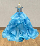 Ice Blue Little Girls Prom Couture with Beaded Bodice - ToddlerPageantDress