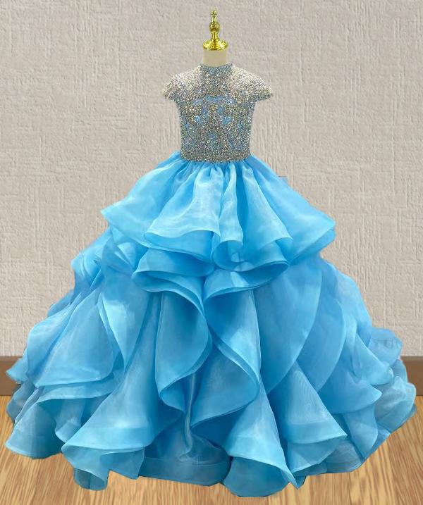 Ice Blue Little Girls Prom Couture with Beaded Bodice - ToddlerPageantDress