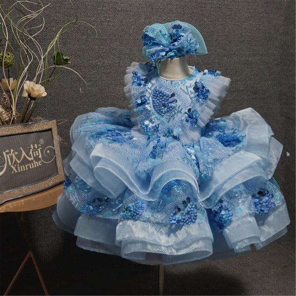 Luxury Blue Sequin Girls Birthday Party Dresses Ball Gowns Bling Bling Blue Sequin Ruffle Girls Celebration Pageant Gowns Free Headpieces