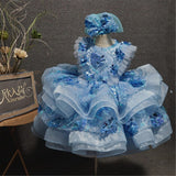 Luxury Blue Sequin Girls Birthday Party Dresses Ball Gowns