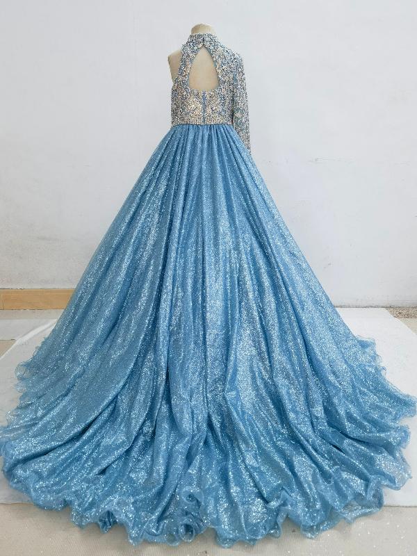 Little Girls One Shoulder Sparkly Glitz Long Evening Gown - ToddlerPageantDress