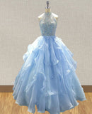 Little Girls Sky Blue Halter Sparkly Evening Gown - ToddlerPageantDress
