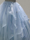 Little Girls Sky Blue Halter Sparkly Evening Gown - ToddlerPageantDress