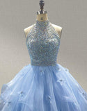 Little Girls Sky Blue Halter Sparkly Evening Gown - ToddlerPageantDress