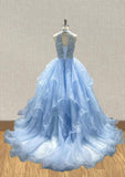Little Girls Sky Blue Halter Sparkly Evening Gown - ToddlerPageantDress