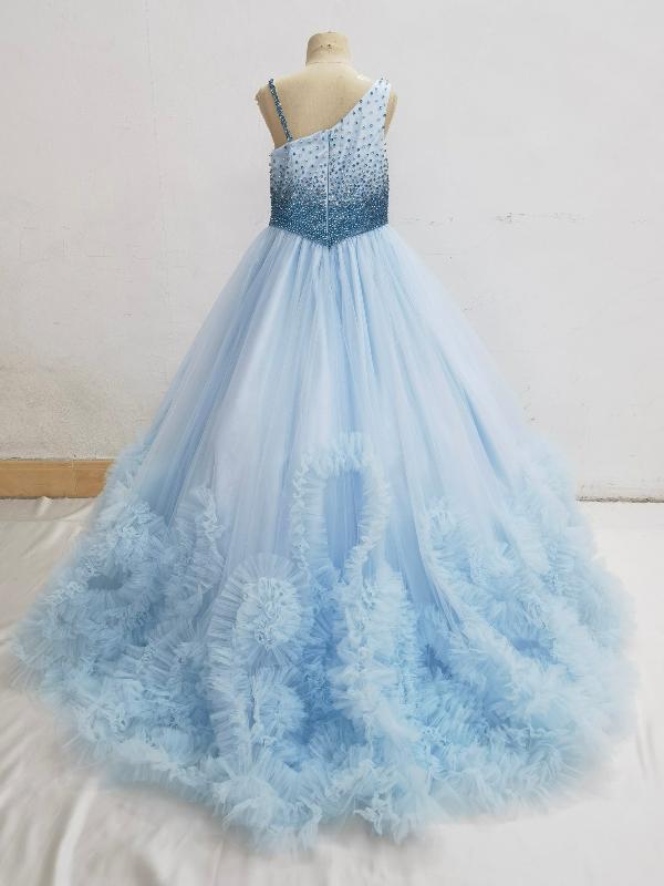 Little Girls Sparkly Beaded Bodice Sky Blue Prom Gown - ToddlerPageantDress