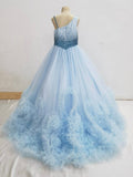 Little Girls Sparkly Beaded Bodice Sky Blue Prom Gown - ToddlerPageantDress