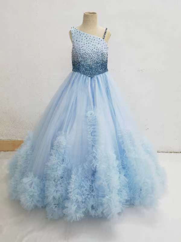 Little Girls Sparkly Beaded Bodice Sky Blue Prom Gown - ToddlerPageantDress