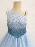 Little Girls Sparkly Beaded Bodice Sky Blue Prom Gown - ToddlerPageantDress