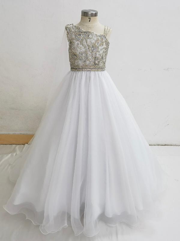 Little Girls White Evening Gown with Glitz Beaded Bodice - ToddlerPageantDress
