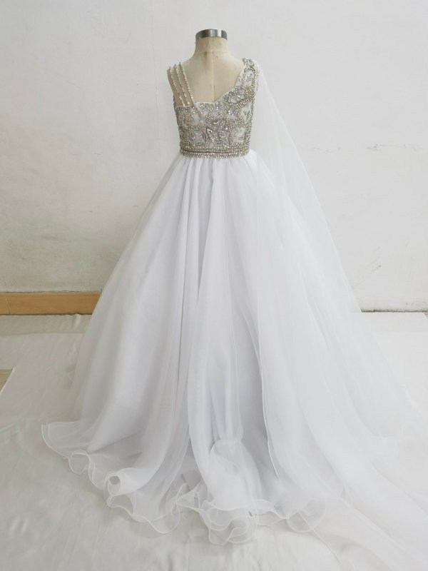 Little Girls White Evening Gown with Glitz Beaded Bodice - ToddlerPageantDress