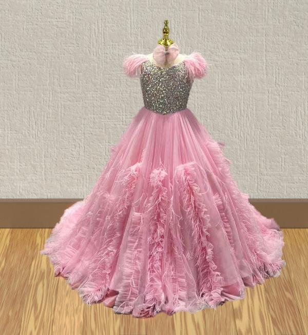 Miss Teens Pink Pageant Gown With Feather - ToddlerPageantDress