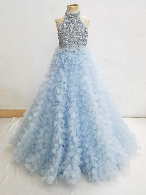 Sky Blue Applique Pageant Dress with Glitz Beaded Bodice - ToddlerPageantDress