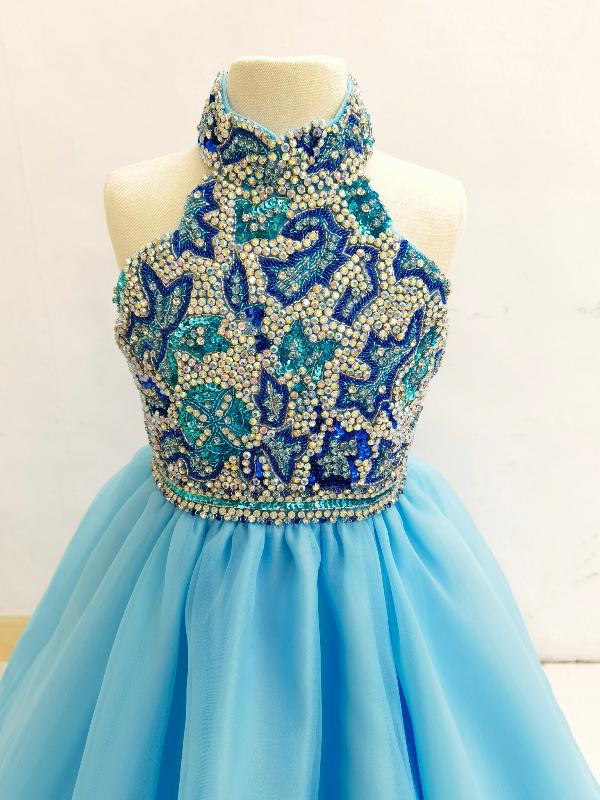 Sparkly Beaded Bodice Preteen Halter Evening Gown - ToddlerPageantDress