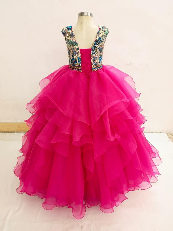 Sparkly Little Girls Cap Sleeve Pink Evening Gown - ToddlerPageantDress