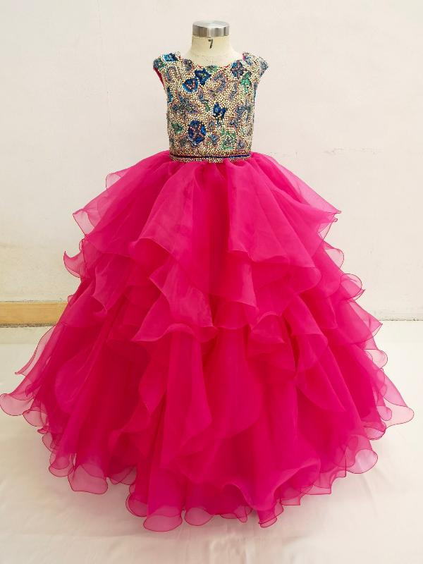 Sparkly Little Girls Cap Sleeve Pink Evening Gown - ToddlerPageantDress
