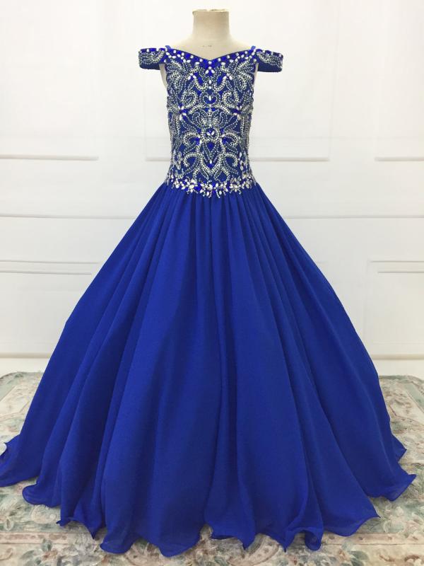 Stunning Cap Sleeve Tween Sparly Royal Pageant Gowns - ToddlerPageantDress