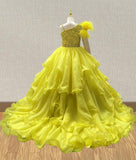 Yellow Sparkly Pageant Dress with Feather - ToddlerPageantDress