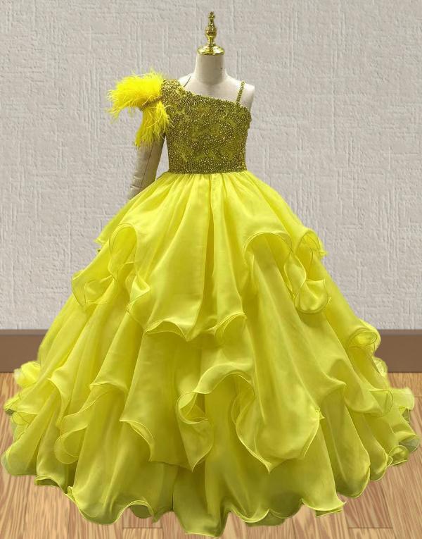 Yellow Sparkly Pageant Dress with Feather - ToddlerPageantDress