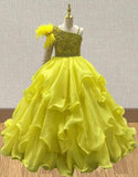 Yellow Sparkly Pageant Dress with Feather - ToddlerPageantDress