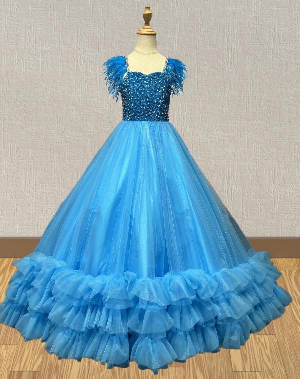 Young Gilrs Sparkly Pageant Dress With Feather - ToddlerPageantDress