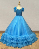 Young Gilrs Sparkly Pageant Dress With Feather - ToddlerPageantDress