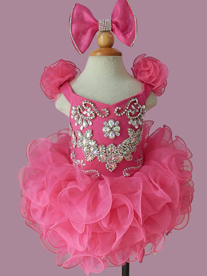 Custom Made Infant Illusion Fuchsia Cupcake Pageant Dress with Hair bow - ToddlerPageantDress