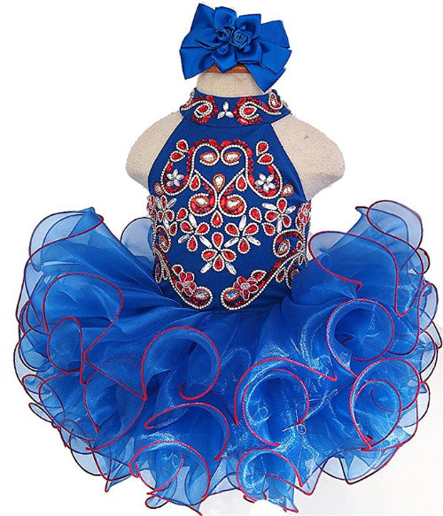 Haler Beaded Bodice Baby Royal Blue Cupcake Pageant Dress With Hair bow - ToddlerPageantDress