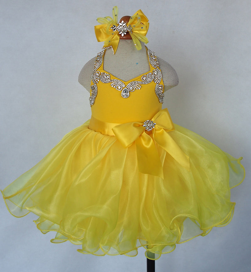 Custom Made Baby Girls' Yellow Baby Doll Pageant Dress With Hair Bow - ToddlerPageantDress