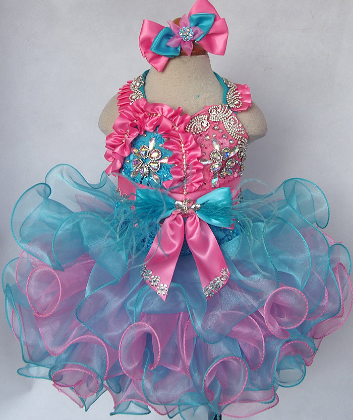 Halter Toddler/Little Miss Feather Glitz Cupcake Pageant Dress With Hair bow - ToddlerPageantDress