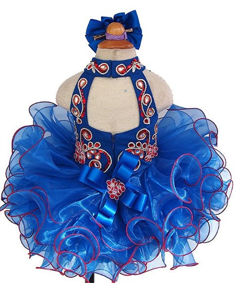 Haler Beaded Bodice Baby Royal Blue Cupcake Pageant Dress With Hair bow - ToddlerPageantDress